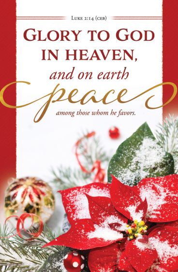Tarjeta de Navidad roja y blanca con una flor de pascua, adornos navideños y el texto: «Gloria a Dios en los cielos, y en la tierra paz a los hombres de buena voluntad». Perfecta para incluirla en los boletines de la iglesia o para compartirla como parte de la orden del servicio durante el culto de estas fiestas.
