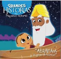 Ilustración de dibujos animados en la que aparece un anciano con barba blanca y un niño pequeño bajo un cielo nocturno. El texto dice: «Grandes Historias para Pequeños Lectores: Abraham y la gran promesa, con páginas de actividades y preguntas de comprensión».