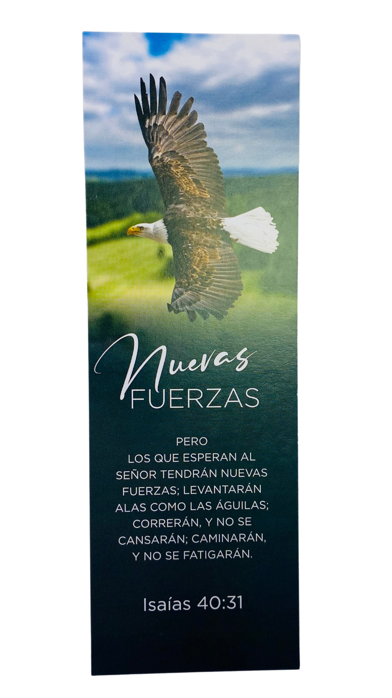 Marcapáginas con la imagen de un águila calva volando sobre un paisaje verde y el inspirador versículo de Isaías 40:31 sobre «Nuevas fuerzas». Perfecto para regalos o eventos de la iglesia; incluye un paquete de 25 unidades.