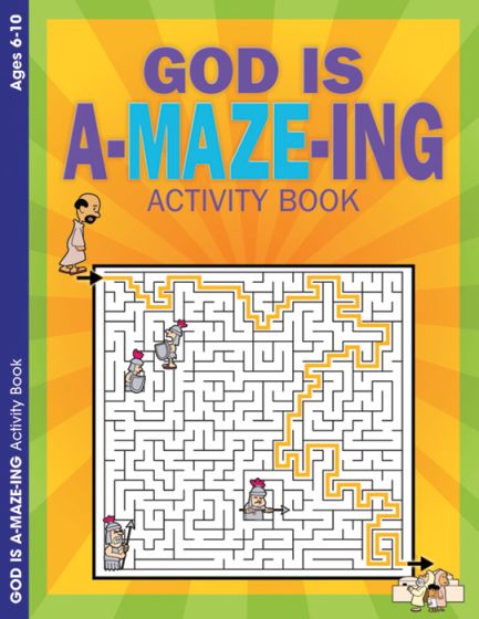 La portada de este colorido libro de laberintos, titulado «God Is A-Maze-Ing Activity Book», muestra un gran laberinto con personajes de dibujos animados inspirados en historias bíblicas, perfecto para que los niños de entre 6 y 10 años intenten encontrar el camino.