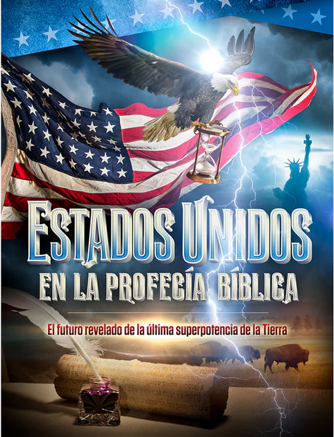 Una ilustración espectacular muestra una bandera estadounidense, un águila calva con un reloj de arena, un rayo e imágenes bíblicas, junto con un texto en español sobre Estados Unidos en la Biblia y el Apocalipsis 13.