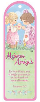 Ilustración de dos niñas compartiendo una flor, con el texto «Mejores Amigas» y el versículo bíblico de Proverbios 17:17 en español debajo, que celebra la amistad y el valor de un amigo en los momentos difíciles.