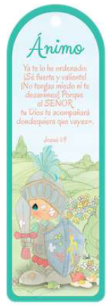 Marcador con un versículo de la Biblia en español, Josué 1:6-9, y una ilustración de un niño con armadura entre flores, que te recuerda que debes ser fuerte y valiente con la guía de Dios.