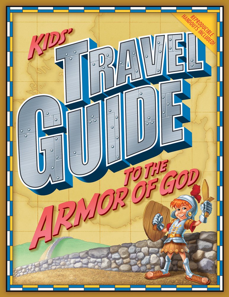 Portada del libro titulado «Guía de viaje para niños sobre la armadura de Dios», en la que aparece un niño de dibujos animados con armadura, escudo y espada, de pie junto a un muro de piedra; ideal para las clases de Biblia para niños.