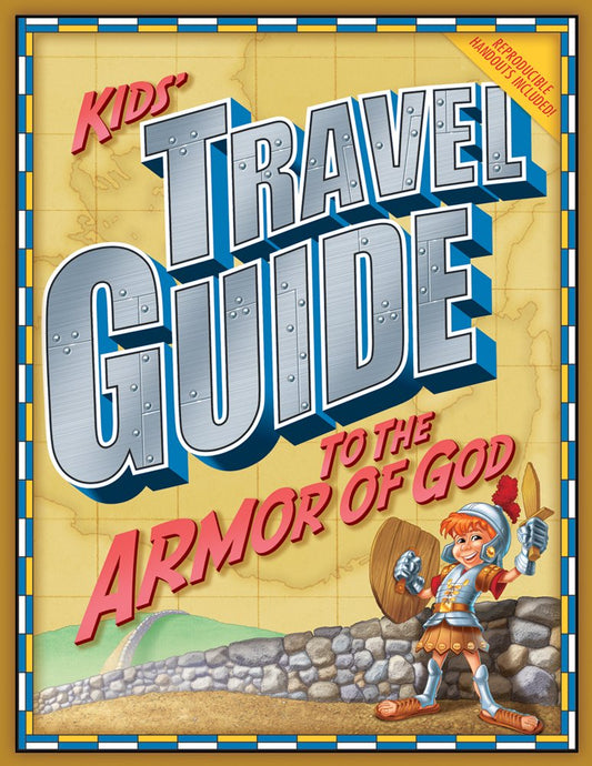 Portada del libro titulado «Guía de viaje para niños sobre la armadura de Dios», en la que aparece un niño de dibujos animados con armadura, escudo y espada, de pie junto a un muro de piedra; ideal para las clases de Biblia para niños.