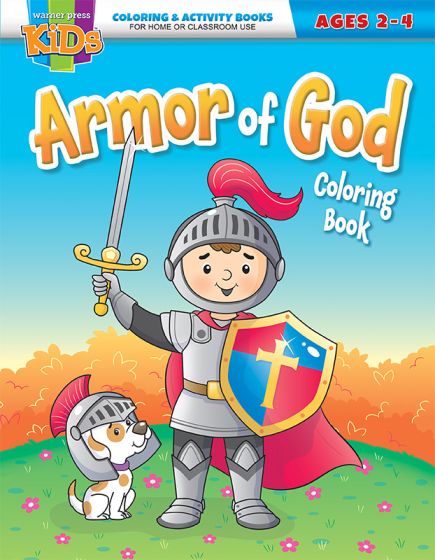 Portada del libro de actividades para colorear «La armadura de Dios», dirigido a niños de entre 2 y 4 años, en la que aparece un niño con armadura de caballero que sostiene una espada y un escudo con una cruz, junto a un perro que lleva un casco a juego.