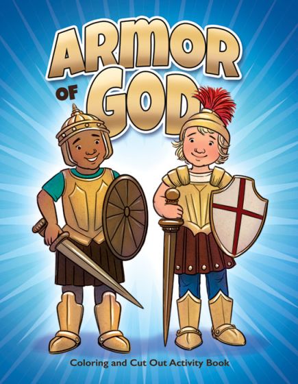 Dos niños de dibujos animados, vestidos de soldados romanos, con armadura y empuñando escudos y espadas, aparecen bajo el título «La armadura de Dios» sobre un fondo azul, una imagen perfecta para un libro de actividades para colorear dirigido a niños de entre 5 y 7 años.