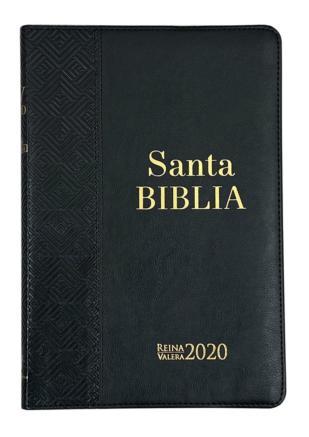 Una Biblia en español de formato ultrafino con las inscripciones «Santa Biblia» y «Reina Valera 2020» en letras doradas sobre una cubierta negra en dos tonos.