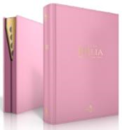 Hay dos libros de tapa dura de color rosa cerrados, uno ligeramente delante del otro. Estas «Biblia con índice» tienen cubiertas sencillas con texto mínimo, detalles dorados y letra grande para facilitar la lectura.