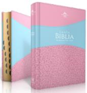 Dos libros en tonos pastel, con tapas rosa y azul —uno colocado en posición vertical para mostrar la portada y el otro mostrando el lomo y las páginas con bordes dorados—, presentan la «Biblia tamaño manual Reina Valera 1960 en Letra Grande», pensada para facilitar la lectura.