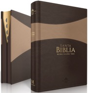Dos libros de tapa dura de color marrón y beige, uno en posición vertical y otro en posición horizontal, ambos con el título «Santa Biblia Reina Valera 1960 Letra Grande y Biblia con índice» en la portada.