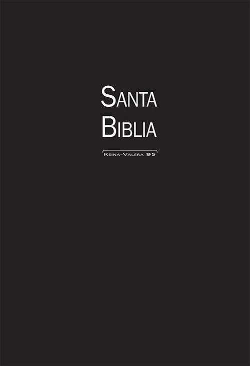 Tapa negra con las inscripciones «Santa Biblia» y «Reina-Valera 95» en blanco, con las palabras de Jesús en rojo, ideal para el estudio del año bíblico. Esta edición destaca la traducción de la Biblia al español de 1995.