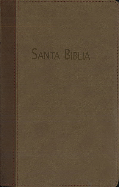 Un libro encuadernado en piel marrón con el título «Santa Biblia» grabado en relieve en la cubierta, que contiene la Biblia Reina-Valera Contemporánea.