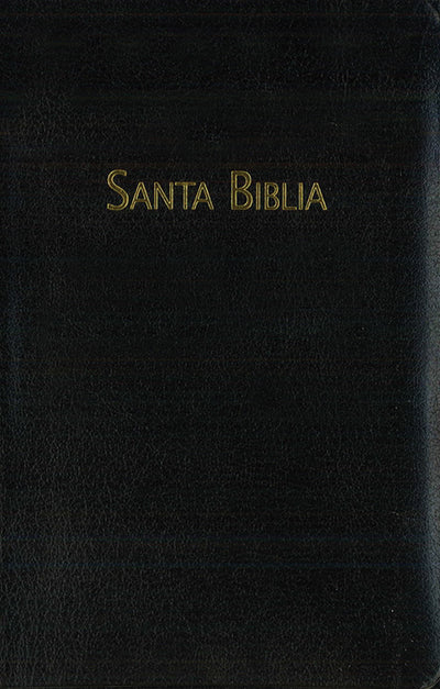 Una tapa de piel negra con el título «Santa Biblia» escrito en letras doradas en el centro, correspondiente a la edición de la Biblia Reina-Valera Contemporánea.