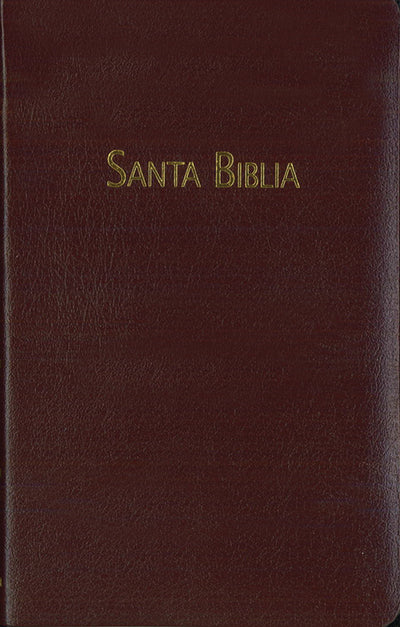 Un libro encuadernado en piel marrón con las palabras «Santa Biblia» en letras doradas en la portada, que contiene la traducción de la Biblia Reina-Valera Contemporánea.