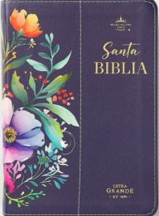 Una «Biblia compacta» española, edición Reina Valera 1960, con cubierta morada, en la que se lee en letras doradas «Santa Biblia Letra Grande», un colorido diseño floral en el lado izquierdo y las palabras de Jesús en rojo.
