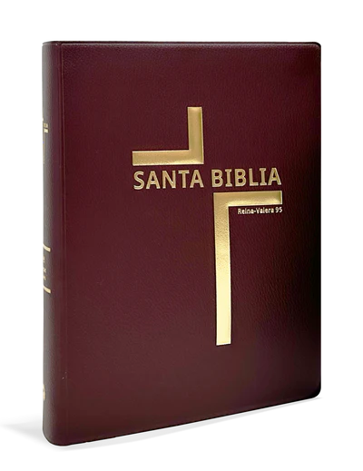 Un libro encuadernado en cuero burdeos titulado «Santa Biblia», con letras doradas, un diseño en forma de cruz y letra grande; con la indicación «Edición Reina-Valera 95». Incluye en su interior promesas bíblicas ilustradas que sirven de inspiración.