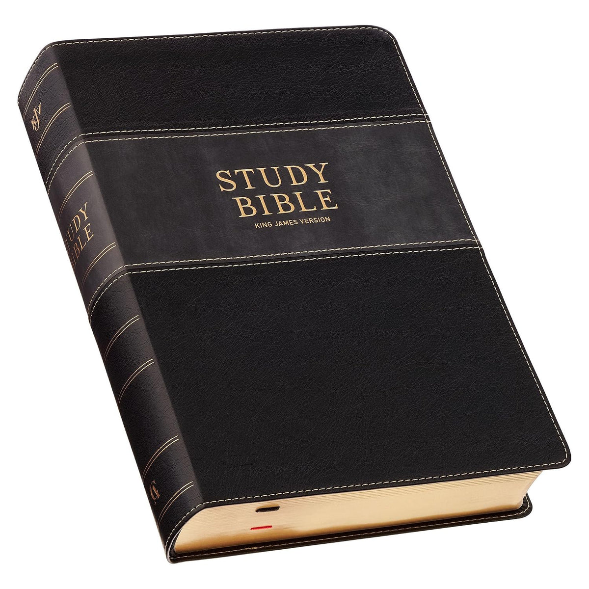 Biblia de estudio Black King James Version con los bordes de las páginas dorados y letra grande.