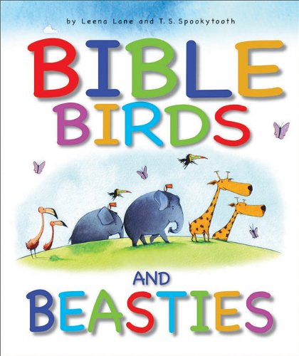 Portada del libro con el colorido título *Bible Birds and Beasties*, en la que aparecen ilustraciones de pájaros, elefantes, jirafas y flamencos sobre un fondo de hierba, ideal para que los niños descubran a Jesús y se inspiren con las historias bíblicas.