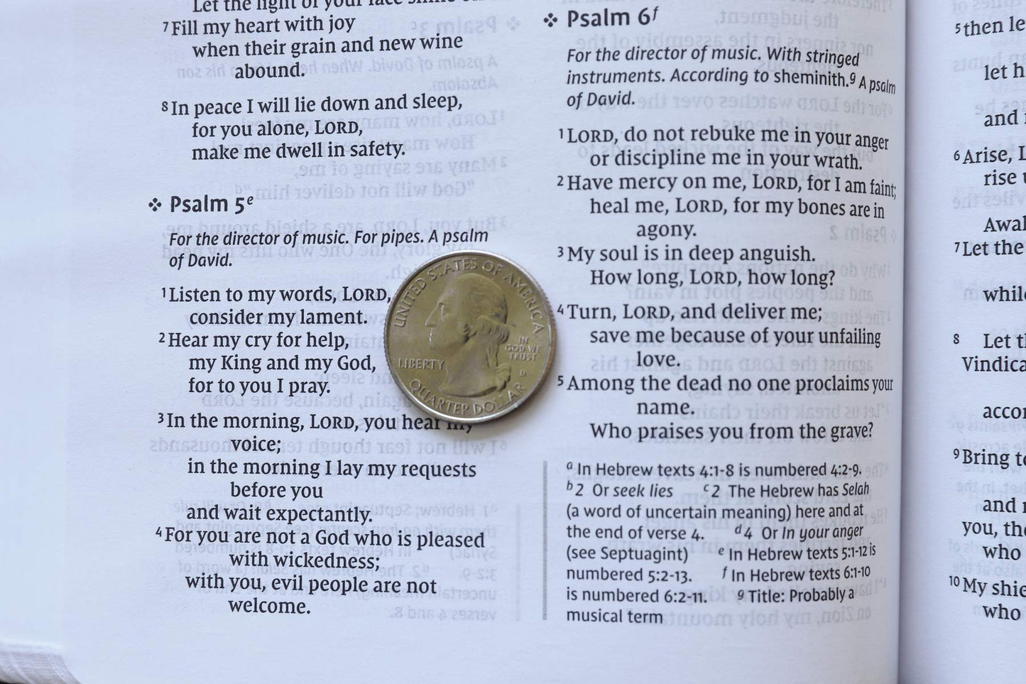 Una moneda de veinticinco centavos de EE. UU. colocada sobre una Biblia NIV abierta con una cubierta de Leathersoft, que tapa parte del texto del Salmo 5.