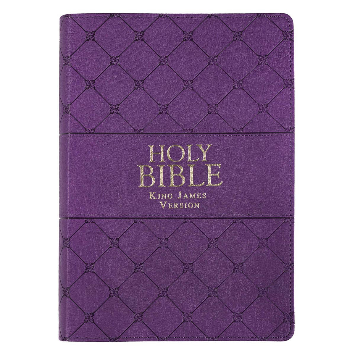Una Biblia de la Versión del Rey Jacobo, encuadernada en cuero morado con letras doradas, un diseño con motivos de rombos y un práctico índice para el pulgar. Esta Biblia de letra grande aúna elegancia y facilidad de lectura en una preciosa edición.