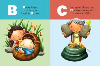 Ilustración de las letras B y C de un libro infantil: la B muestra al pequeño Moisés en una cesta flotando sobre el agua, con dos mujeres a su lado; la C muestra a Moisés sosteniendo dos tablas de piedra con los mandamientos, ideal para un libro de cartón del abecedario inspirado en la Biblia.