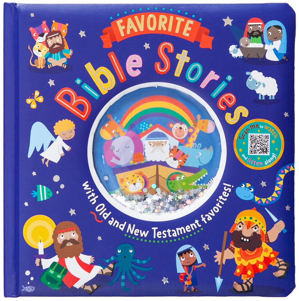 La portada de este libro de historias bíblicas en rima presenta una ventana con un globo de purpurina en la que se ve el Arca de Noé, rodeada de ilustraciones de dibujos animados de personajes bíblicos y animales.