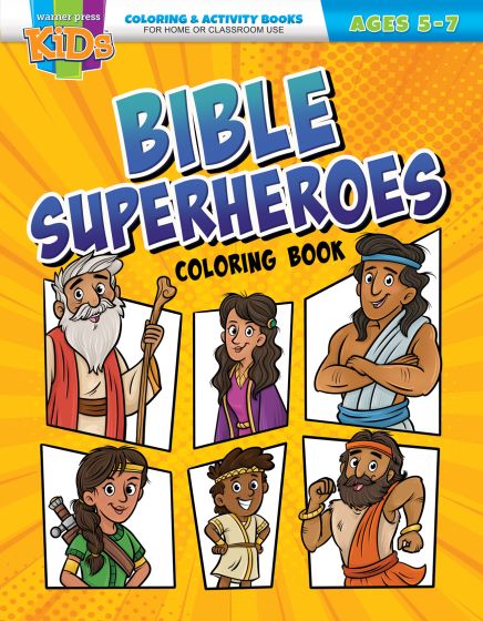 La portada del libro de actividades para colorear infantil, titulado «Superhéroes de la Biblia», presenta ilustraciones de dibujos animados de seis personajes bíblicos con fondos de colores vivos, ideal para niños de entre 5 y 7 años.