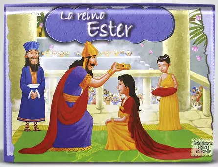 Ilustración en la que un rey coloca una corona sobre la cabeza de una mujer arrodillada, ante la mirada de varios espectadores; lleva la leyenda «La reina Ester», y procede de un libro de cuentos bíblicos.