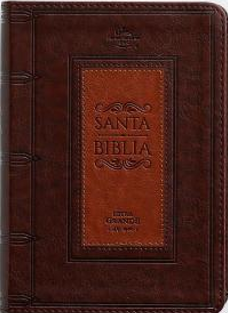 Una Biblia en español, edición Reina Valera 1960, encuadernada en cuero marrón, con las inscripciones «Santa Biblia» y «Letra grande» grabadas en relieve en la cubierta. Incluye las «palabras de Jesús» en rojo para facilitar su consulta.