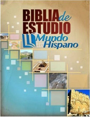 Portada de la «Biblia de Estudio Mundo Hispano», en la que aparecen figuras geométricas, fotografías de lugares históricos y el título del libro en letra negrita de color rojo y azul. Incluye referencias cruzadas para profundizar en el estudio.