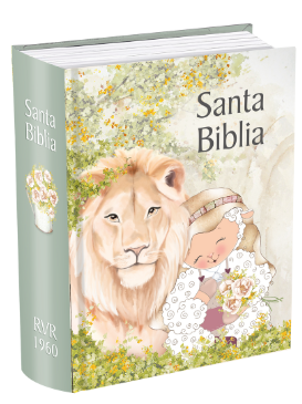 Biblia compacta ilustrada Reina-Valera 1960 (RVR 1960) con tapa dura, en cuya portada aparecen un león y un cordero rodeados de motivos florales y naturales.