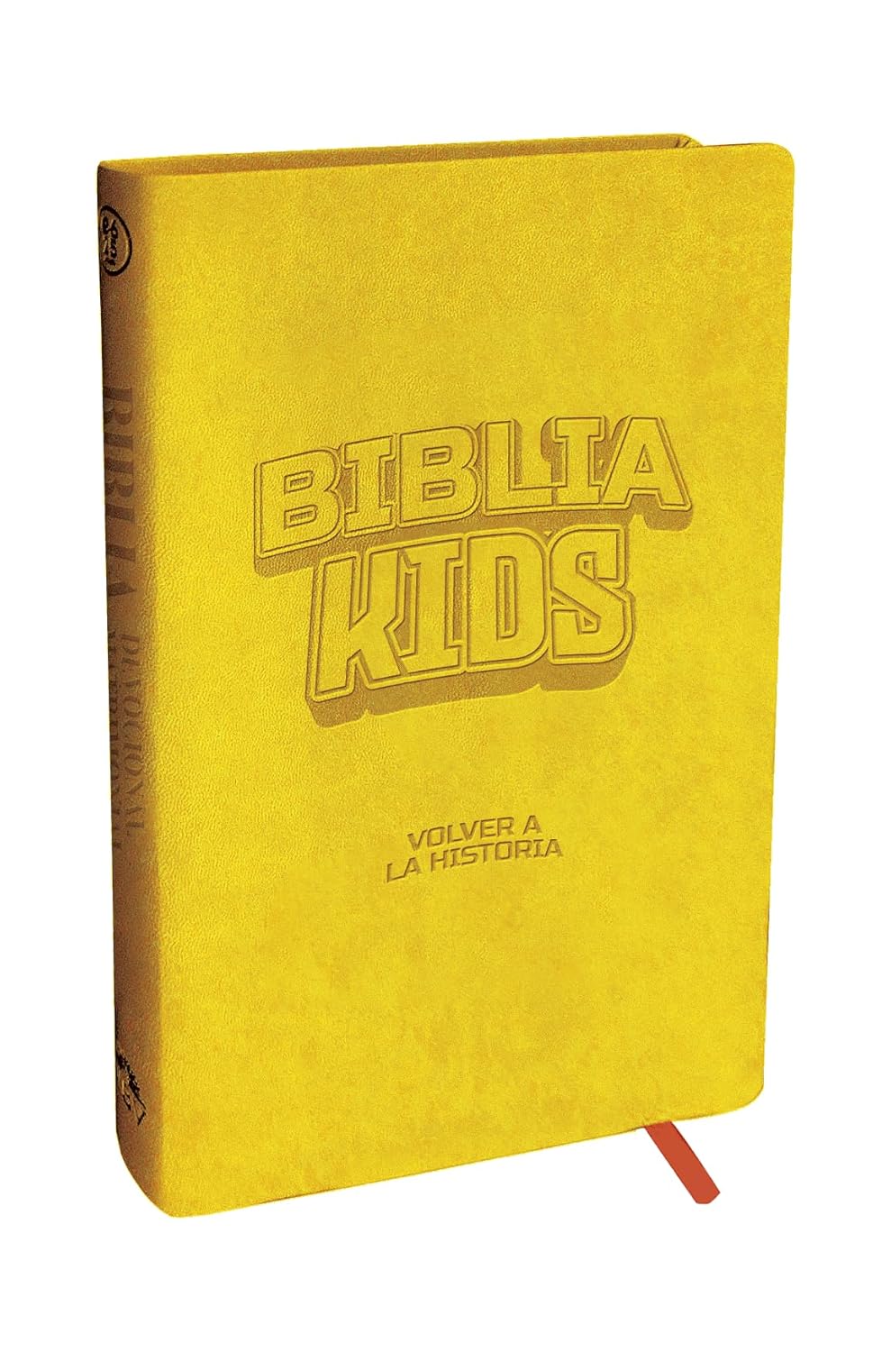 Un libro amarillo titulado «Biblia Kids: Volver a la Historia», con un marcapáginas de cinta naranja, que incluye ilustraciones a color perfectas para cualquier Biblia infantil.