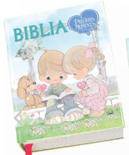 Biblia compacta ilustrada para niños, versión Reina Valera 1960, con personajes de «Precious Moments», en la que aparecen un niño y una niña leyendo juntos, con su perro a su lado y una iglesia al fondo. Tapa de vinilo flexible para mayor durabilidad.