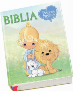 Biblia ilustrada para niños titulada «Biblia Precious Moments», con un niño rubio, un león y un cordero en la portada. Biblia compacta con tapa de vinilo flexible, con la traducción de la Biblia Reina-Valera de 1960.