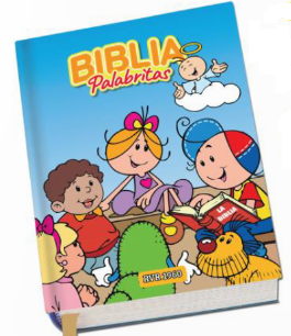 Biblia ilustrada para niños titulada «Biblia Palabritas RVR 1960», en la que aparecen personajes de dibujos animados sentados juntos y leyendo; se presenta en formato de tapa dura para mayor durabilidad e incluye la fiable traducción de la Biblia Reina-Valera de 1960.