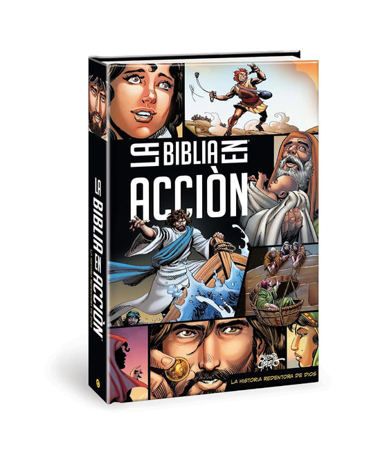 Portada del libro «Biblia en acción», una novela gráfica que presenta escenas ilustradas al estilo cómic de relatos bíblicos y un título en negrita en español.