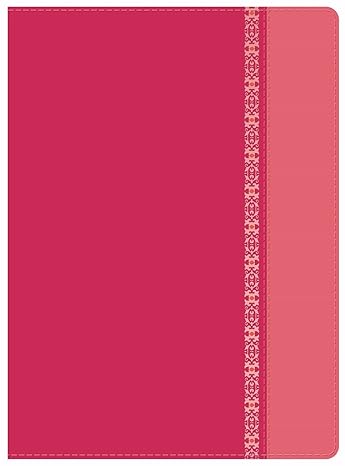 Un cuaderno rosa con una franja vertical de un tono rosa más claro y un motivo decorativo a lo largo del borde derecho, perfecto para tomar apuntes de estudio u organizar ideas inspiradas en tu Biblia de estudio.