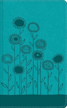 Funda para cuaderno de color verde azulado con un dibujo a trazo negro de flores y hojas estilizadas, inspirada en los encantadores diseños que suelen aparecer en una «Biblia visual para niños».