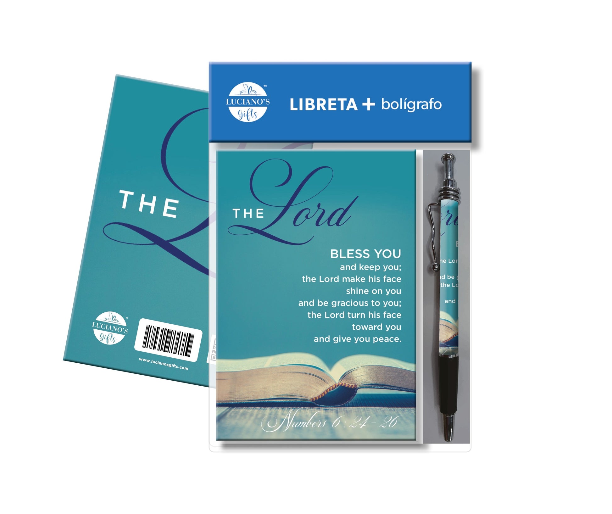 Set de regalo compuesto por un cuaderno y un bolígrafo con cubierta azul, titulado «The Lord», que incluye un versículo bíblico de Números 6:24-26 y el logotipo de Luciano’s Gifts.