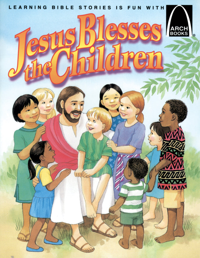 Ilustración de la historia bíblica en la que Jesús invita a los niños a sentarse con Él al aire libre, rodeado de niños sonrientes de distintos orígenes, con el título «Jesús bendice a los niños» en la parte superior. Inspirada en Marcos 10:13-16.