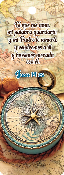 Una brújula antigua descansa sobre un mapa, con una cuerda a su lado. El texto superpuesto muestra la cita bíblica de Juan 14:23 en español, lo que convierte a esta pieza en la opción perfecta para la decoración cristiana del hogar.