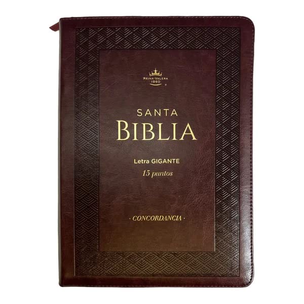 Una Biblia en español «Reina Valera 1960», encuadernada en cuero marrón, con texto en dorado que reza «Santa Biblia», «letra gigante de 15 puntos» y «CONCORDANCIA», y que cuenta con un cierre de seguridad para mayor protección.