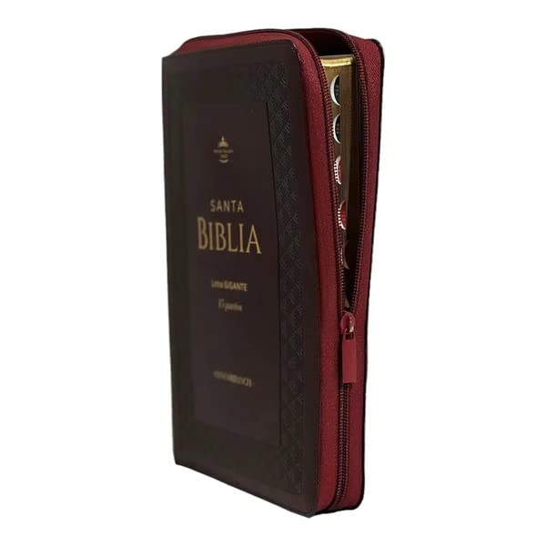 Una Biblia con cierre, edición Reina Valera 1960, con cubierta de color burdeos y páginas con bordes dorados, se muestra de pie con el cierre parcialmente abierto. Esta edición cuenta con letra de gran tamaño para facilitar la lectura.