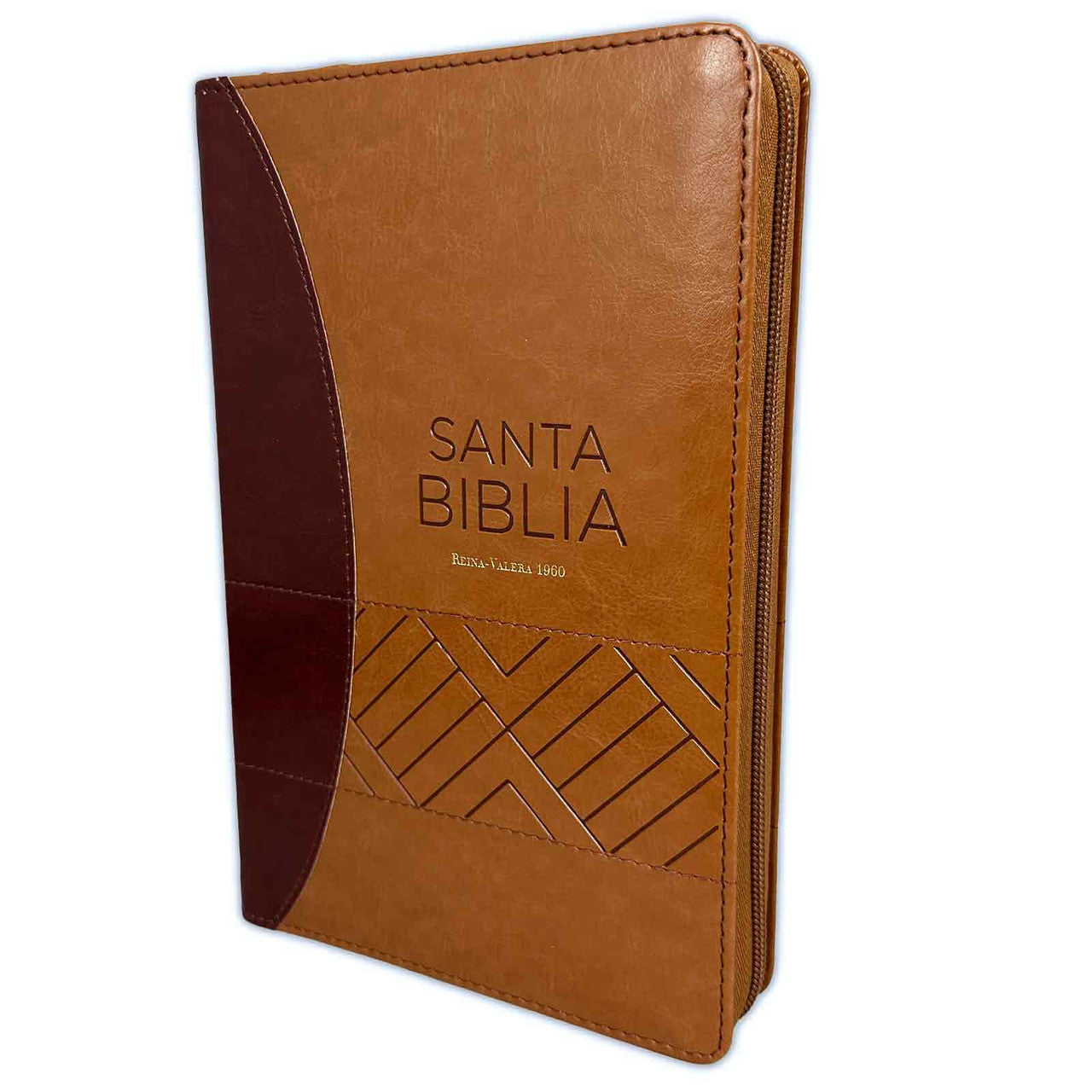 Una Biblia en español encuadernada en cuero marrón, RVR 1960, con motivos geométricos y la inscripción «Santa Biblia Reina-Valera 1960» grabada en relieve en la cubierta; incluye las «Palabras de Jesús» en rojo para facilitar la consulta.