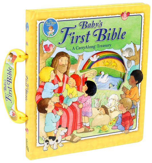 Un libro infantil titulado «La primera Biblia del bebé: un tesoro para llevar», con una portada ilustrada en la que aparece Jesús rodeado de niños, animales y un arcoíris. Este libro de bolsillo recoge versículos atemporales y las historias bíblicas favoritas de los niños.