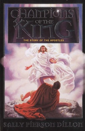 Portada del libro *Champions of the King*, de Sally Pierson Dillon, en la que aparece una figura vestida con una túnica que se le aparece a un hombre sentado sobre una roca, en una ilustración tridimensional de un relato bíblico.