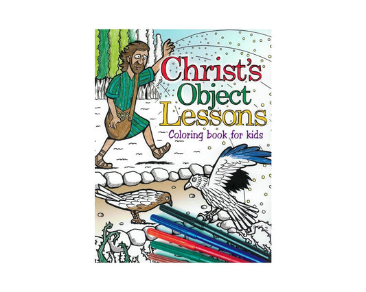 La portada de un libro para colorear titulado «Libro para colorear: Las lecciones objetivas de Cristo para niños», inspirado en las parábolas bíblicas de Ellen White, muestra a una persona caminando junto a unos pájaros, con rotuladores de colores en la parte inferior.