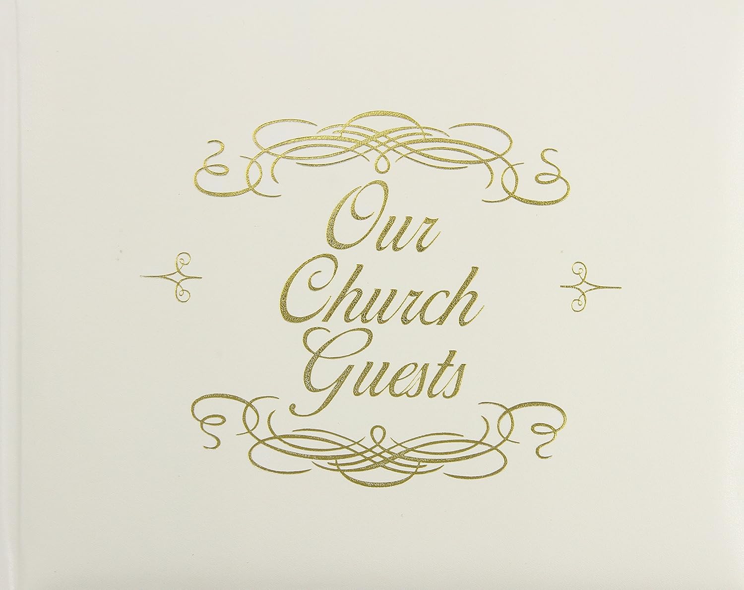 Una cubierta para el libro de visitas de color crema con adornos decorativos dorados y la inscripción «Our Church Guests» escrita en letra cursiva, ideal como libro de visitas para un funeral, una boda o cualquier ocasión especial.