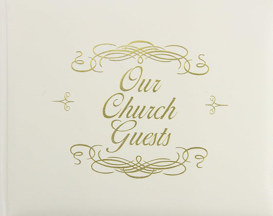 Una cubierta para el libro de visitas de color crema con adornos decorativos dorados y la inscripción «Our Church Guests» escrita en letra cursiva, ideal como libro de visitas para un funeral, una boda o cualquier ocasión especial.